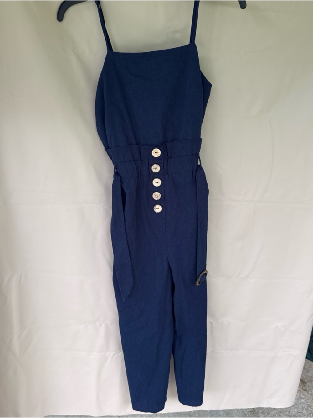 Navy Button-Front Jumpsuit with Adjustable Waist